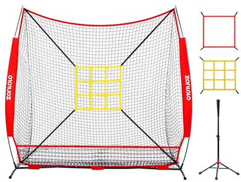 7x7 ft Baseball Net, Pitching & Batting Net with Batting Tee, Designed with Large Ball Collection System, 2 Strike Zones, Carry Bag, Baseball Softball Net for Batting Pitching Hitting and Throwing