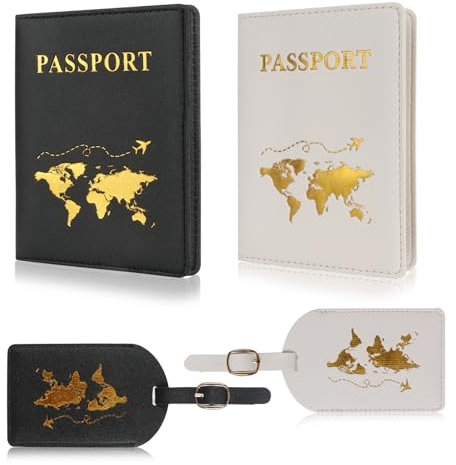 WEFINEST 4 Stück Reisepasshülle und Kofferanhänger Set, Passport Hülle PU-Leder Reisepass Hülle, Passport Cover für Reise, Passport Holder für Pässe, Kreditkarten, Personalausweise (Schwarz, Weiß)