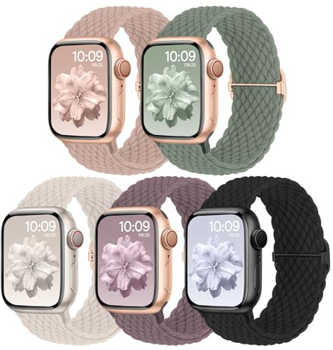 Flätat armband kompatibelt med Apple Watch 38 mm, 40 mm, 41 mm, 42 mm, elastiskt nylontygband för Apple Watch 11 10 9 8 7 6 5 4 3 2 1 SE 3 SE 2 SE, 5 stycken