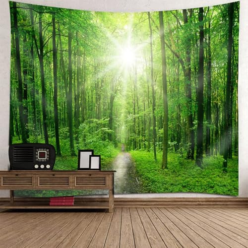 Lirzxin Tapisserie Wandbehang Wald Natur, Wandteppich Grün Sonnenschein Pfad Landschaft Tapisserie Wandtuch Dekotuch Strandtuch, 150x150CM