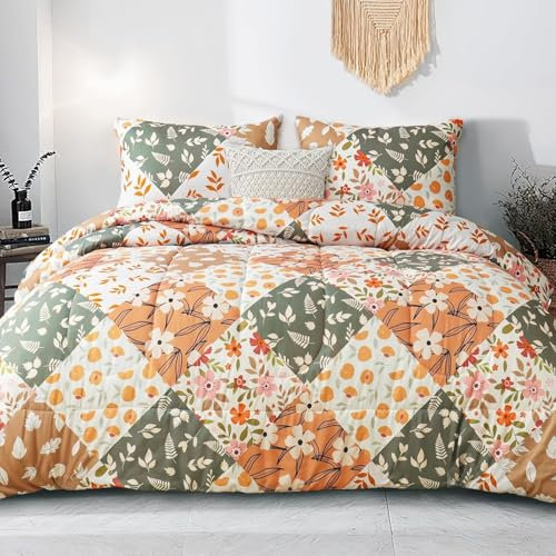 Bettdecke 200x220 Ohne Bezug Nutzbar, Blumenblatt Patchwork Bettdecken Waschbar Ganzjahresdecke Retro Stil 4 Jahreszeiten Steppdecke, Bettzeug Microfaser mit 2 Kissenbezug für Sommer Winter Doppelbett