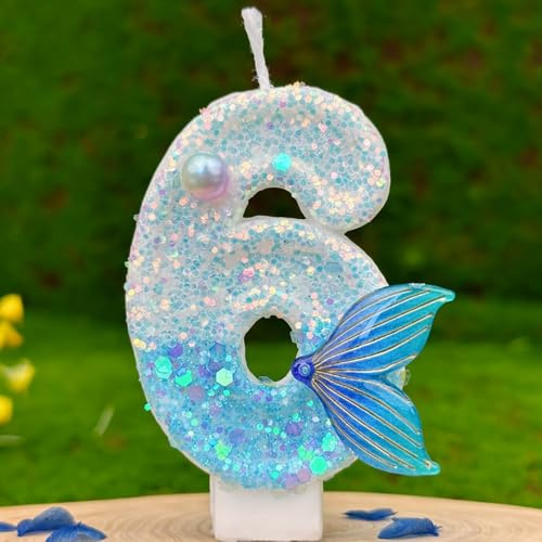 Meerjungfrauen-Geburtstagskerzen 6, Glitzernde Zahlen-Kerzen mit Zahlen in Metallic-Blau und Silber als Kuchen-Topper für Geburtstagstorten, Cupcakes & Partys (Erwachsene/Kinder)