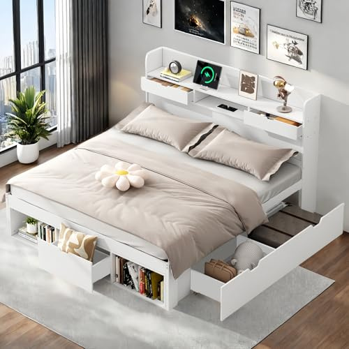 Lubvtti cama acolchada con puerto USB y cajones, cama matrimonial con baúl 140 x 200 cm, cabecero con almacenamiento, marco 140 x 200 cm, blanco