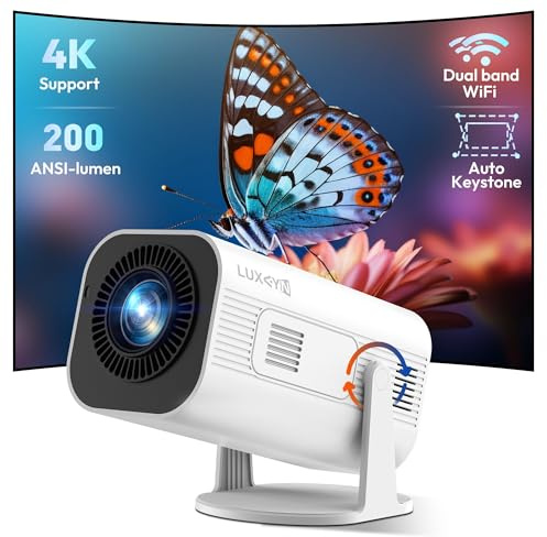 Smart Mini Projector LUXVYN V1 Portable Projector with WiFi and Bluetooth 200 ANSI 4K, Support FHD Resolution, Keystone Correction Video Projector, 180° Rotatable Support for