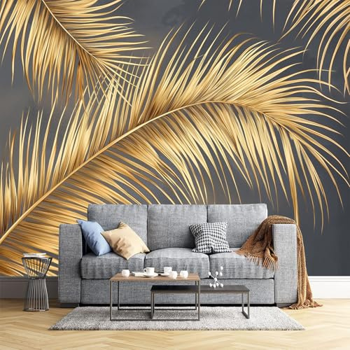 Papel Pintado Hojas De Palma Doradas Naturaleza Salón Dormitorio 350X256Cm - Fotomurales Pared Decorativos Murales Fotográfico Estética Vegetal Moderno Decoración De Paredes