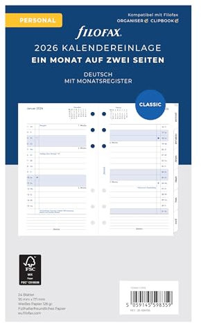 Filofax Kalender Personal 1Mo./2S. tabbed (deutsch)2026