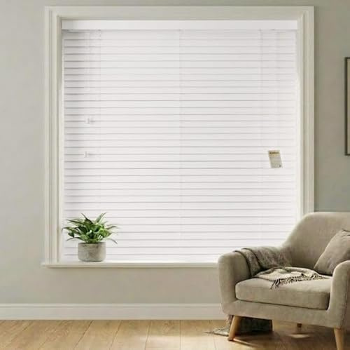 REHAN & CO Made to Measure White Faux Wood wooden Grain Venetian Blinds/Blind with Strings- Home Office Window Blinds - 50mm Slats 105W x 150H cm