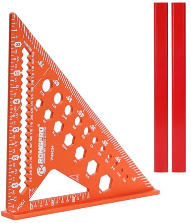 6-in-1 Carpenter Square 7 inch, Aluminum Rafter Square, Multi-Purpose Carpenter Tools : Wrench, Square, Protractor, Ruler,Marking Gauge, Drill Gauge, Includes 2pcs Carpentry Pencil