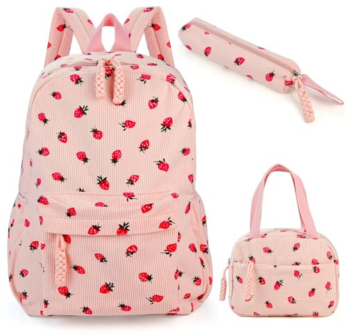 Girls Rucksack - 3Pcs Strawberry Kids Backpack Girl with Fleece Lunch Box & Pencil Case, Cute Pink Backpack, Kawaii Corduroy Girl School Bag, Girls Rucksack for Teen Primary Secondary Middle