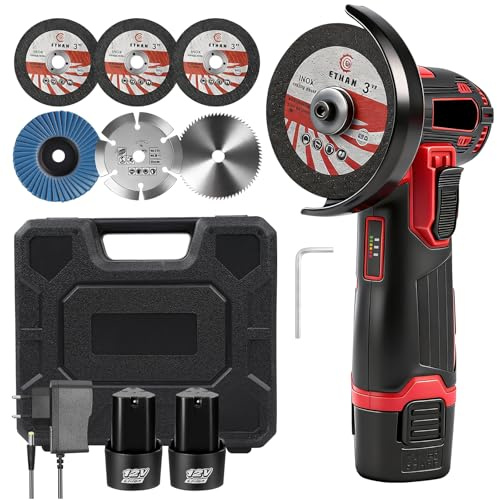Mini Amoladora Angular Batería, Amoladora Angular Inalámbrica 500W 12V con 2 Baterías 1300mah, Mini Amoladoras Eléctrica de Mano con 6 Discos Abrasivos 76mm para Cortar Azulejos Madera Piedra Acero