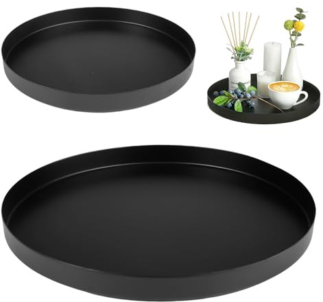 2 Stück Dekotablett Schwarz Metall, 20 cm und 25 cm Deko Tablett Rund, Anti-Rutsch Dekoteller, Serviertablett Rund, Kerzentablett, Deko Tablett Runde Schwarz für Kosmetik Schmuck Bad Wohnzimmer | Anti-Rutsch Dekoteller, Serviertablett Rund, Kerzentablett, Deko Tablett Runde Schwarz für Kosmetik Schmuck Bad Wohnzimmer