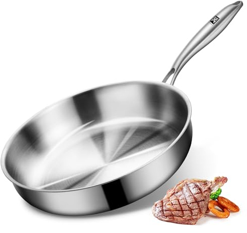 GOLDEN KEY Stainless Steel Frying Pan 28 cm, Stainless Steel Pan Induction 11In, 3-Layer Stainless Steel Skillet Pan Uncoated Oven Safe Suitable for All Hobs Omelette (28CM)