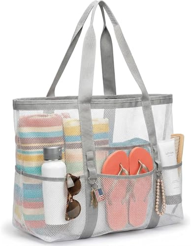 CATASTRBT Bolsa Playa Grande de Malla Bolsa-Playa Mujer Beach Bag de Nailon con Múltiples Bolsillos Bolsas Playas Familiar Plegable con Cremallera para Vacaciones de Verano Playa Compras
