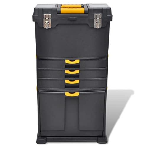 ZXQVLMRS Werkzeugtrolley mit Rollen, Mobiler Werkzeugkoffer aus Polypropylen, Werkstattwagen mit 3 Schubladen und Teleskopgriff, Transportkoffer für Werkzeug 46x28x82 cm, Schwarz-Gelb