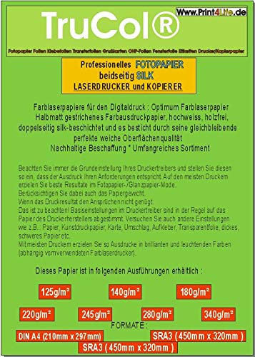Beidseitig 125x 220g /m² Silk halbmattes Fotopapier SRA3 Fotokarton für Laserdrucker Kopierer | 450mm x 320mm | Professional Laser-Papier | doppelseitig hochweiß matt beschichtet + bedruckbar |