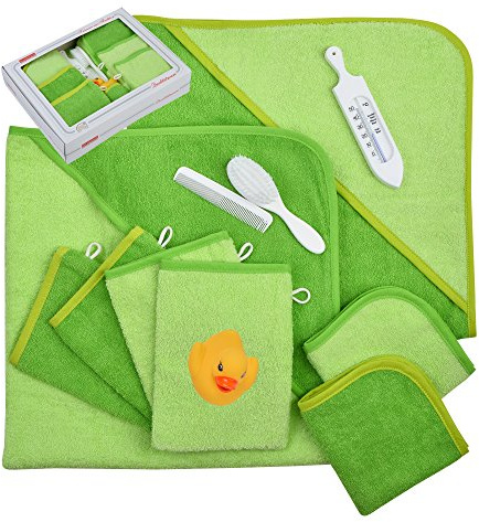 Wörner Geschenk-Set 2 Seiftücher 4 Waschlappen 2 Kapuzenbadetücher 80x80cm unbestickt Uni Frottee Bade-Entchen Bürste Kamm Badethermometer grün