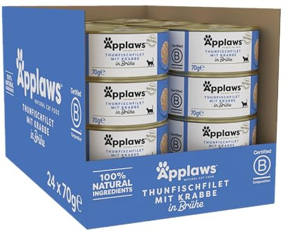 Applaws Nourriture humide pour chats adultes 100% naturelle au thon et au crabe en bouillon - 24 boîtes de 70 g