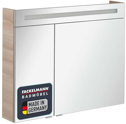FACKELMANN B.CLEVER Spiegelschrank – 90 x 70,5 x 15,5 cm – Moderner Badspiegelschrank in Braun hell mit innovativer LED-Beleuchtung, 2 Glaseinlegeböden, Soft-Close – Made in Germany