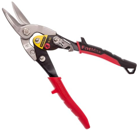 Stanley Blechschere Maxsteel (links, 250 mm Länge, Bi-Material Kunststoffhandgriff, chromveredelt, Einhandbedienung) rot, 2-14-562