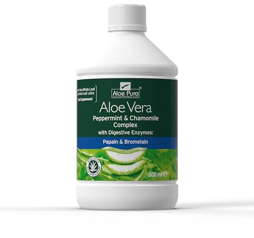 Aloe Pura Aloe Vera Peppermint & Chamomile Juice, Natural, Vegan, Cruelty Free, Digestive Enzymes, Papian & Bromelain, Food Supplement, 500 ml