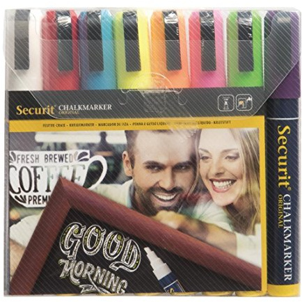 Securit Original Medium Chalk Markers – ‎2-6 mm Fine Nib, Pack of 8 Basic Colours – Vibrant Liquid Chalk Pens for Whiteboard, Blackboard & Glass – Erasable & Non-Toxic