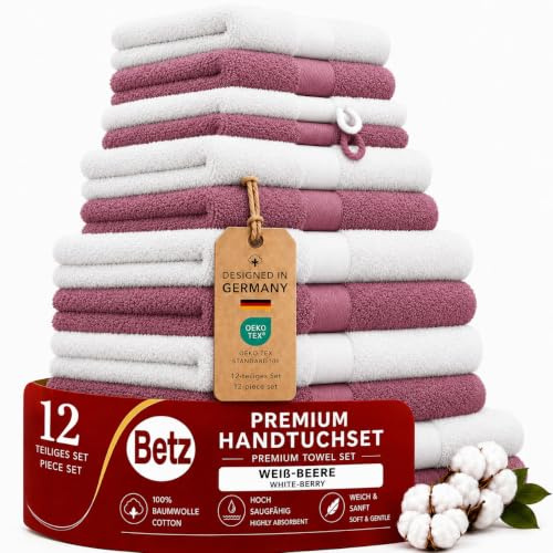 Betz Premium Handtuch-Set 12-teilig – 100% Baumwolle – Oeko-TEX® Zertifiziert – 470 g/m² – 2 Duschtücher, 4 Handtücher, 2 Gästetücher, 2 Seiftücher & 2 Waschhandschuhe - Farbe weiß/Beere