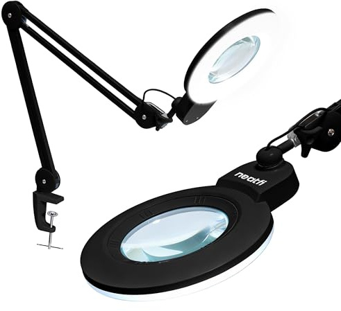 Neatfi XL Bifokale LED-Lupenleuchte, 2,25-fache/6-fache Vergrößerung, 1.600 Lumen dimmbar | freihändiges Arbeiten im Nahbereich | Für Basteln, Schmuckarbeiten & Lesen (Schwarz, 18 cm Linse)