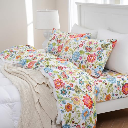 MEISHANG Parure de lit 4 pièces pour Grand lit, Motif Floral, Ultra Doux, 100% Microfibre, Drap-Housse à Poches Profondes, Drap Plat + taies d'oreiller - Motif Floral printanier
