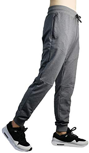 Larrok joggare män, fitness för män, löparbyxor sportkläder med två fickor med dragkedja byxor smal typ byxor (grå XL