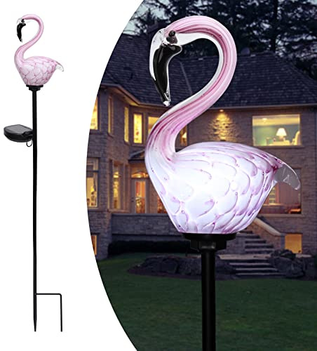 Afirst Solar Outdoor Lights Decorative - Solar Garden Stake Lights Flamingo Handblown Glass Stake Garden Pathway Light Outdoor Waterproof Glass Stakes for Pathway Yard Lawn Decoration
