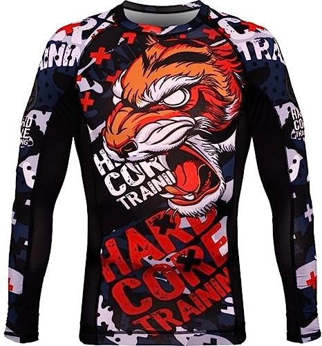 Hardcore Training Rash Guard Men's Kompressionshemd Herren Lange Ärmel Grappling Jiu Jitsu MMA Fitness Boxen No Gi (DE/NL/SE/PL, Alphanumerisch, M, Regular, Regular, Navy Blue Red Black)