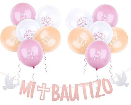 BETESSIN 13pcs Decoración Mi Bautizo Guirnalda Rosa Globos de Bautizo Pancarta Mi Bautizo Globo Rosa Blanco Adorno Decorativos para Fiesta de Bautizo de Niña Infantil Fiesta Bautismo
