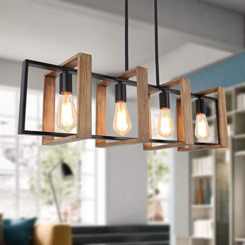 minifair Kitchen Island Lighting,4 - Light Dining Room Farmhouse Chandelier,Black Modern Pendant Lighting,Pool Table Lights,Wood and Matte Black Metal Finish (4 Heads,Wood)
