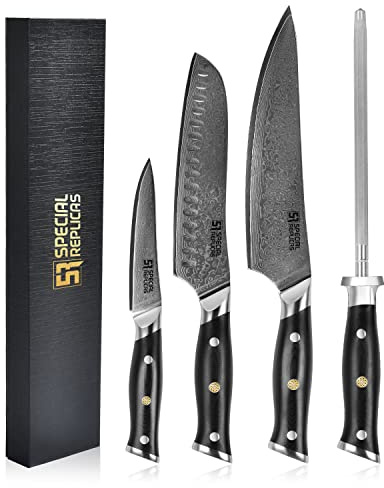 Damast Küchenmesser Set Scharf (11, 19, 21 cm) mit Diamant Messerschärfer - Damastmesser - Kochmesser Profi Messer - 67 Lagen Damaststahl - Japanisches Messer - Messerset mit Geschenkbox