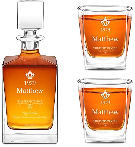 Maverton Geometric Whiskey Decanter and Glasses with Engraving - Symmetrical Carafe for him - 2/4/ 6 Customised Glasses for Man - Stylish Barware for Birthday - Whisky Set for Husband - Perfect