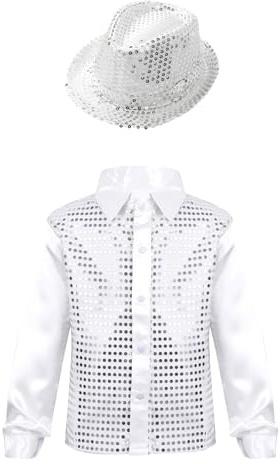 CHICTRY Enfant Garçon Costume Danse Disco Performance Chemise Paillettes Manches Longues et Chapeau Tenue de Danse Rue Hip Hop Soirée Salle de Bal Dancewear 4-14 Ans A Blanc 13-14 Ans