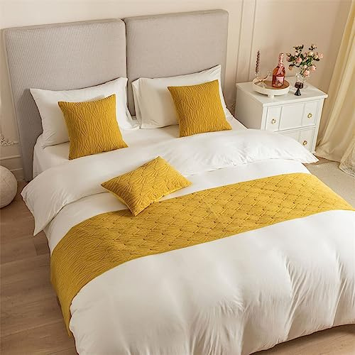 Morbuy Runner Letto Matrimoniale,Corridore Letto Velluto d'Olanda Modello di Conchiglia, Morbido Confortevole Sciarpa Scarf Runner Decorazione per Hotel (210 * 45cm per 150cm Letto,Giallo)