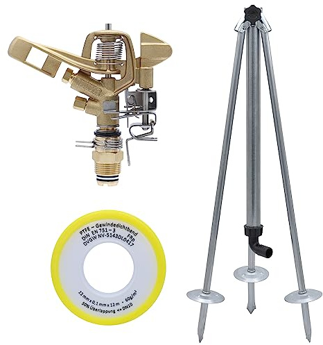 Agrarflora Impulsregner Komplettset aus Kreisregner 3/4 Zoll, Dreibein Stativ & Dichtungsband - zur Bewässerung von Pflanzen und Grünflächen - ideal für Gärten, Sportplätze & Gärtnereien