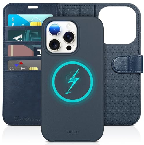 TUCCH Hülle für iPhone 15 Pro 5G 2023 (6,1 Zoll), 2-IN-1, Dunkelblau | MagnetKlapphülle, Kabelloses Laden, Kartenfach, Handyhülle, RFID Blocker, Schutzhülle, Kompatibel mit iPhone 15 Pro
