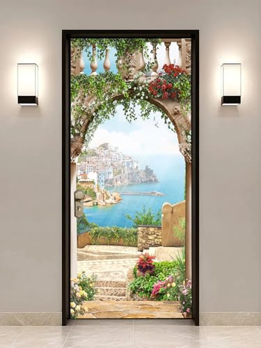 FLFK 3D Door Mural Peel and Stick 85x215cm - Sea View Self-Adhesive Door Sticker Wallpaper Wall Poster Decals for Bedroom Home Decor(2Pcs/Set)