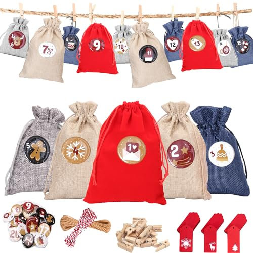 EIKEJI Adventskalender zum Befüllen Groß, 24 Weihnachtskalender Stoffsäckchen Selber Befüllen 20x15CM, Adventskalender 2024 Kinder zum Befüllen Beutel Stoff Natur, Geschenkkarten, Zahlen Buttons