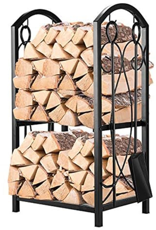 GTPBAO Kaminholzregal Holzwiegen 2-stöckiges Brennholzregal Aus Metall mit 4 Kaminbestecken, Robustes Lagerregal für Kaminholz für Holzlager/Hinterhofdeck