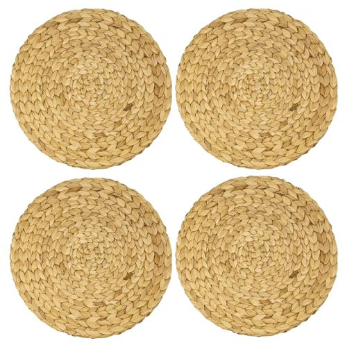 HMF Juego de 4 manteles individuales redondos trenzados de jacinto de agua, lavable, 35 cm