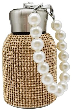 Ceramoon Bling Insulated Water Bottle Double Wall Stainless Steel Vacuum Flask with Glitter Rhinestones Diamond 10 oz Keep Cold Water Bottle with Pearls Bracelet Handle (Gold Diamond)