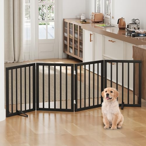 Hundgrind, bambu fristående hundgrindar för dörröppningar, vikbar hundgrind inomhus, husdjursgrindar för dörröppningar, sovrum, valpgrind med metallstöd, rumsavdelare, 4 paneler (svart)