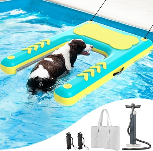 Lesotc Inflatable Dog Pool Ramp, 60x 40 Extra Large Dog Dock Platform for Lake, Pool, Boat, Non-Slip EVA Surface Easy Water Exit for Large & Senior Dogs, Support up to 240 lbs（Blue and Yellow