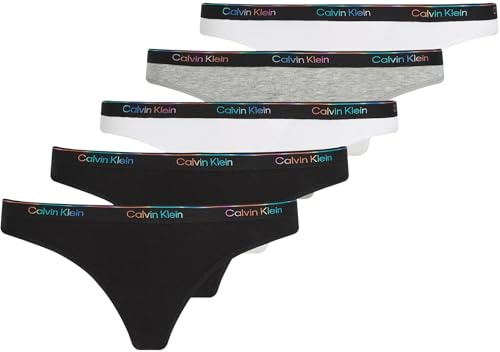 Calvin Klein Damen 5er Pack Strings mit Logo, Mehrfarbig (Black/White/Black/Gry Htr/White), L