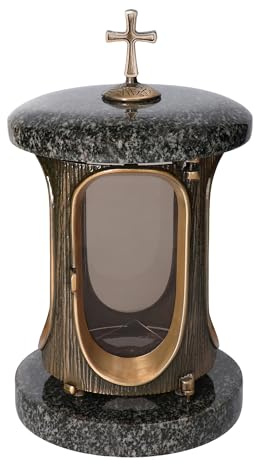 Grablaterne Granit Impala dunkel Höhe 23 cm/Ø 15 cm Stilvolle Granitlaterne Elegant Grablampe Grablicht Grableuchte Bronze mit sockel