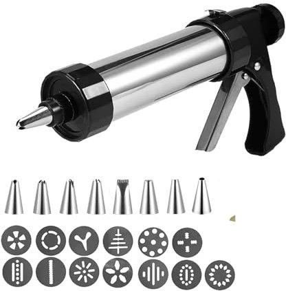 ZGXNYI Seringue à Garnir en Acier Inoxydable DIY Manual Cookie Presses Stainless Steel Piping Nozzles Biscuit Make Cake Decoration Tools with 13 Discs and 8 Icing Household Seringue à GâTeau