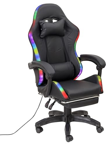 Baroni Home Sedia Gaming Ergonomica con Cuscino Lombare, Luci Led Regolabili e Poggiapiedi Estraibile, Sedia Ufficio con Schienale Inclinabile e Altezza Regolabile, Nero, 68x66x125-133 cm